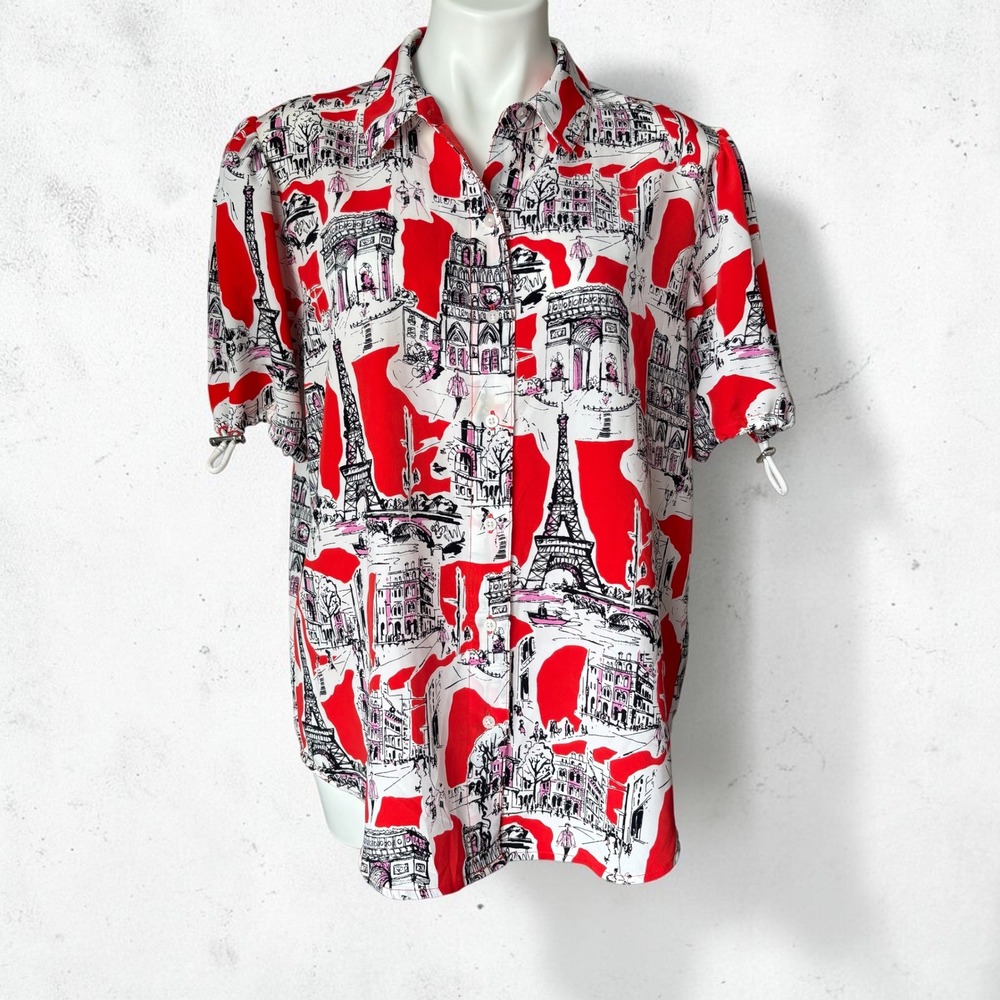 Karl Lagerfeld Paris Button Down Blouse Red Black Parisian Cityscape Womens Lg